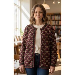 Vintage South Cotton Women's‎ Hand Knit Cardigan Sweater Size M Heavy Geometric